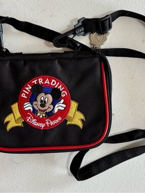 Disney Black Crossbody Bag with Mickey Pin Trading Patch and Red Piping